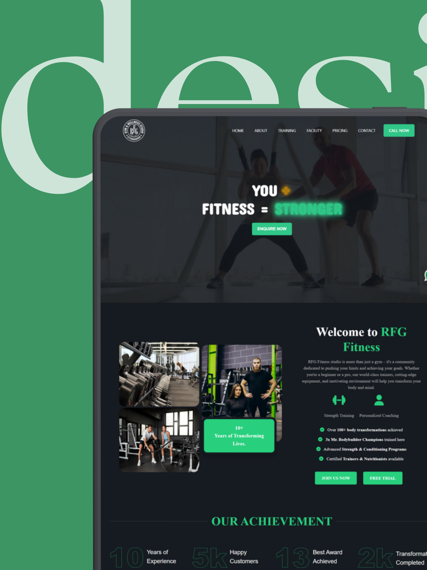 RFG Fitness Studio mobile layout showing responsive UI and navigation